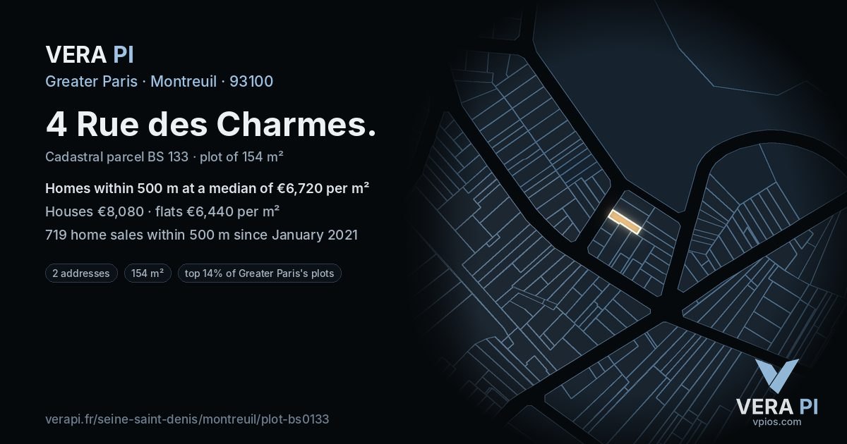 4 Rue des Charmes, Montreuil at night – the plot lit, the parcels around coloured by the prices near them