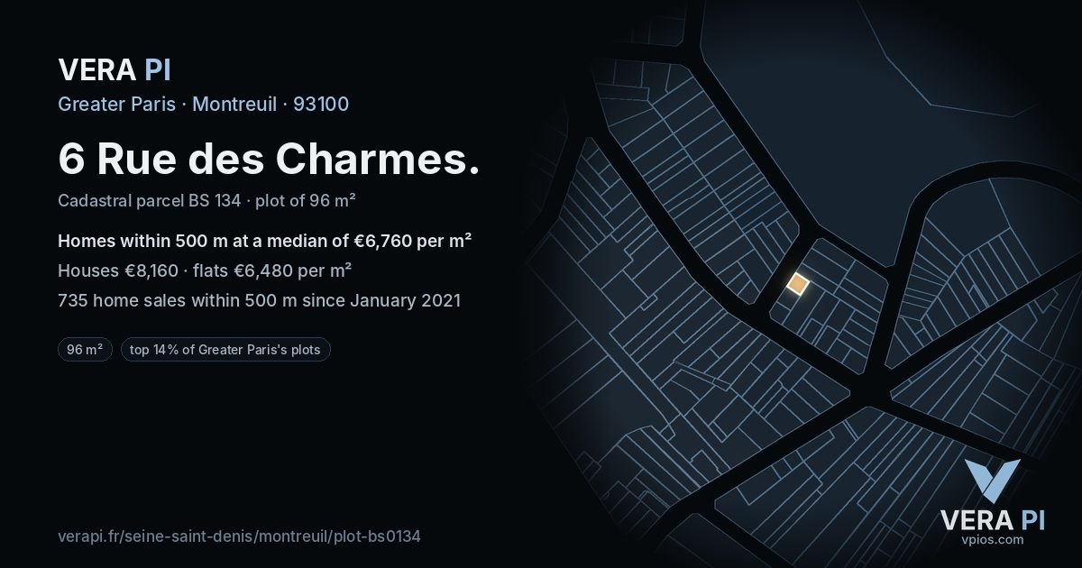 6 Rue des Charmes, Montreuil at night – the plot lit, the parcels around coloured by the prices near them