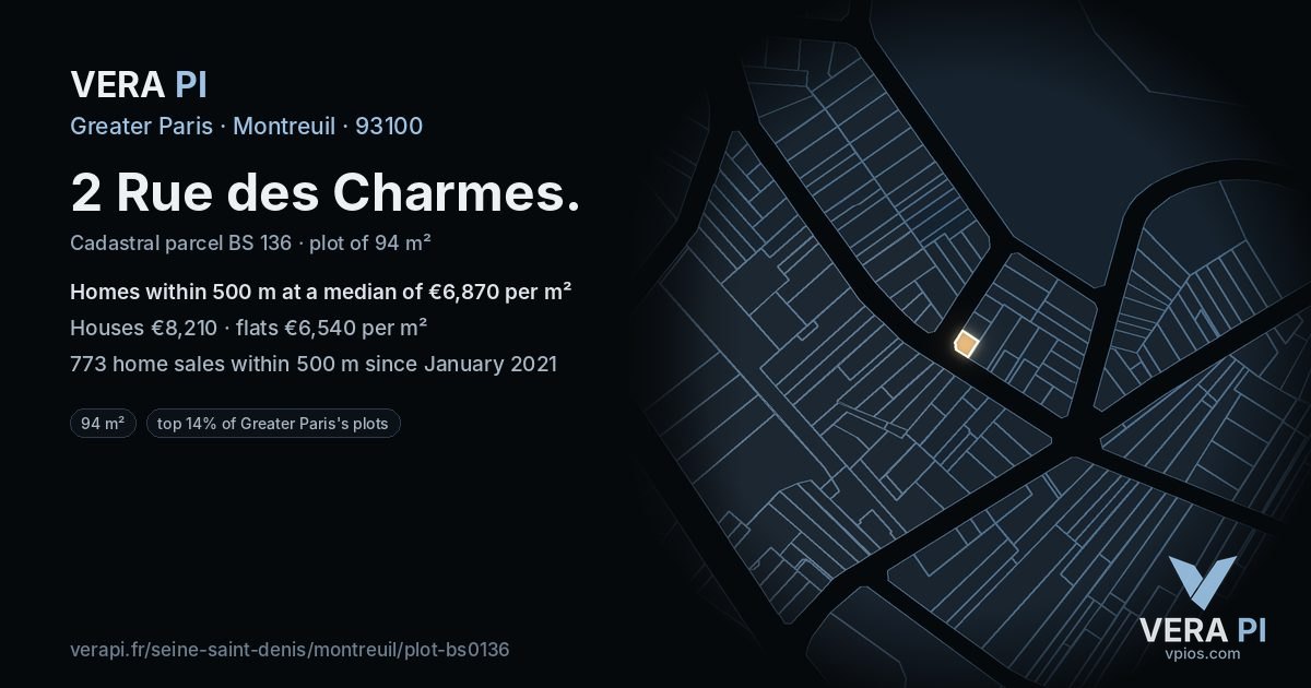 2 Rue des Charmes, Montreuil at night – the plot lit, the parcels around coloured by the prices near them