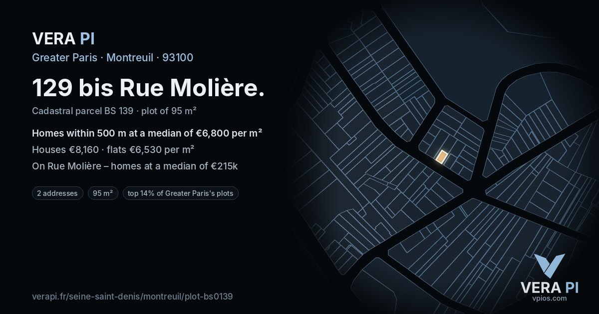 129 bis Rue Molière, Montreuil at night – the plot lit, the parcels around coloured by the prices near them
