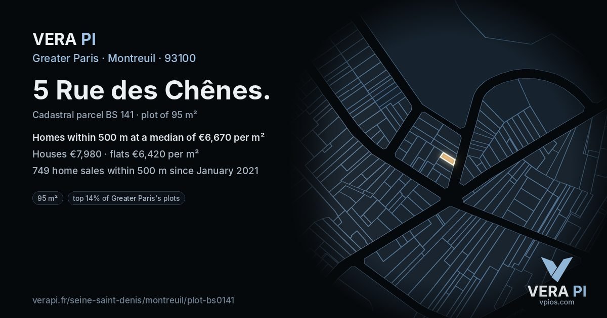 5 Rue des Chênes, Montreuil at night – the plot lit, the parcels around coloured by the prices near them
