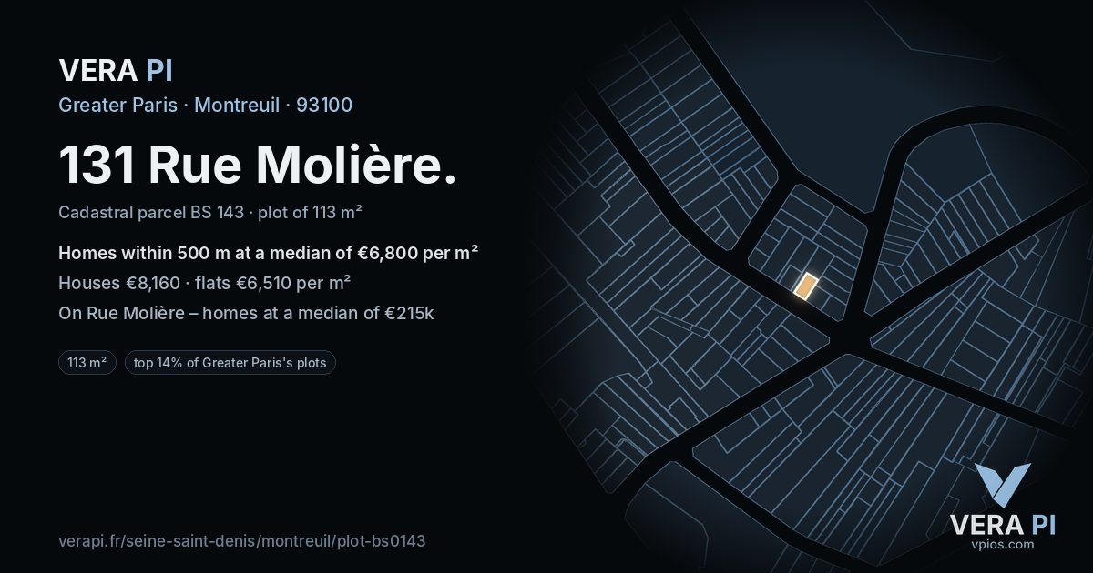 131 Rue Molière, Montreuil at night – the plot lit, the parcels around coloured by the prices near them