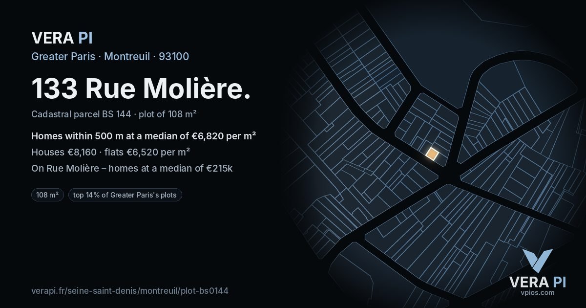 133 Rue Molière, Montreuil at night – the plot lit, the parcels around coloured by the prices near them