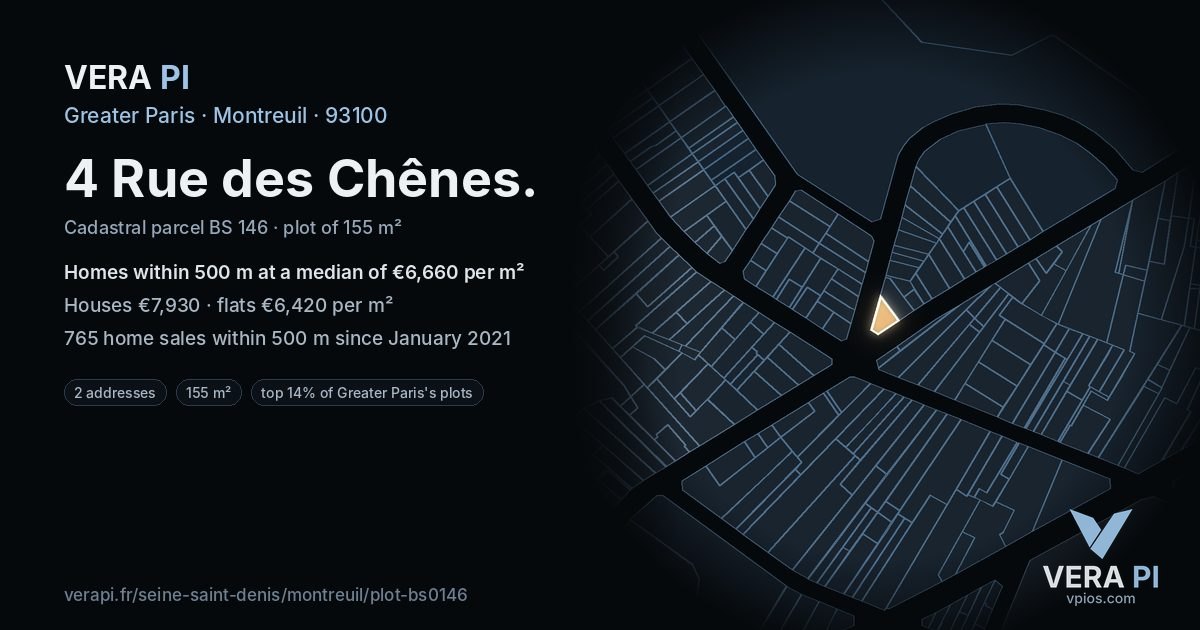 4 Rue des Chênes, Montreuil at night – the plot lit, the parcels around coloured by the prices near them