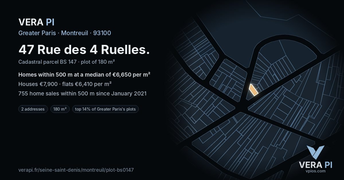 47 Rue des 4 Ruelles, Montreuil at night – the plot lit, the parcels around coloured by the prices near them