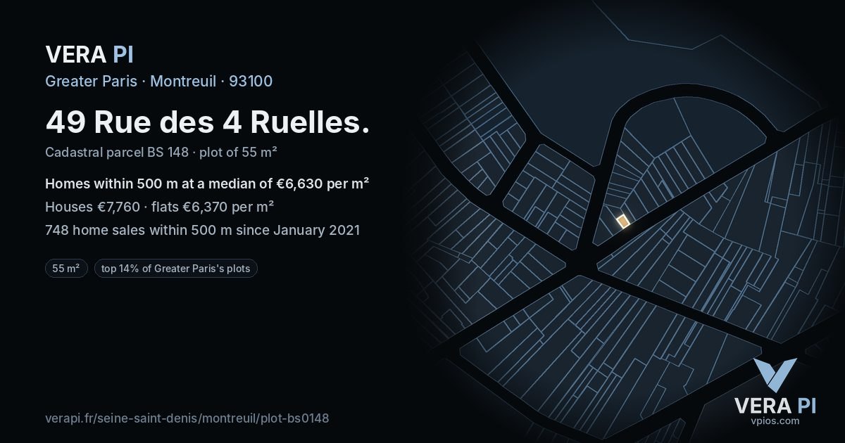 49 Rue des 4 Ruelles, Montreuil at night – the plot lit, the parcels around coloured by the prices near them