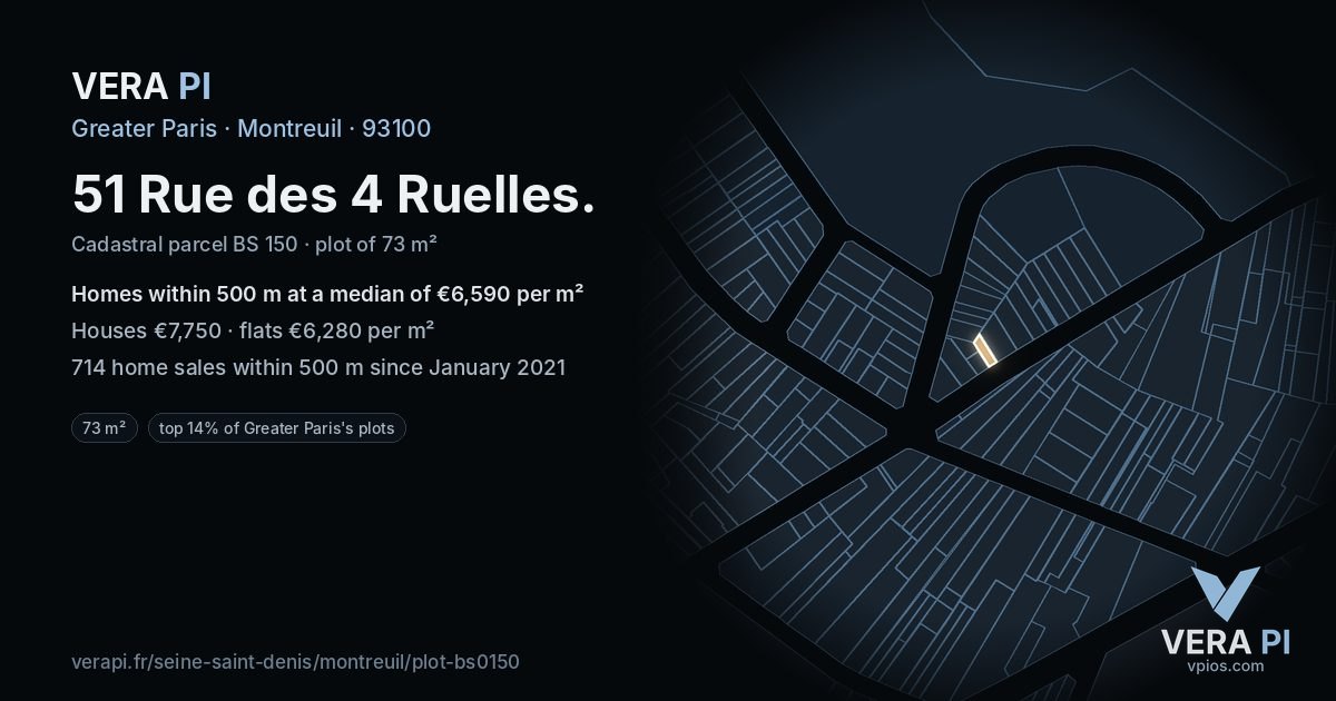 51 Rue des 4 Ruelles, Montreuil at night – the plot lit, the parcels around coloured by the prices near them