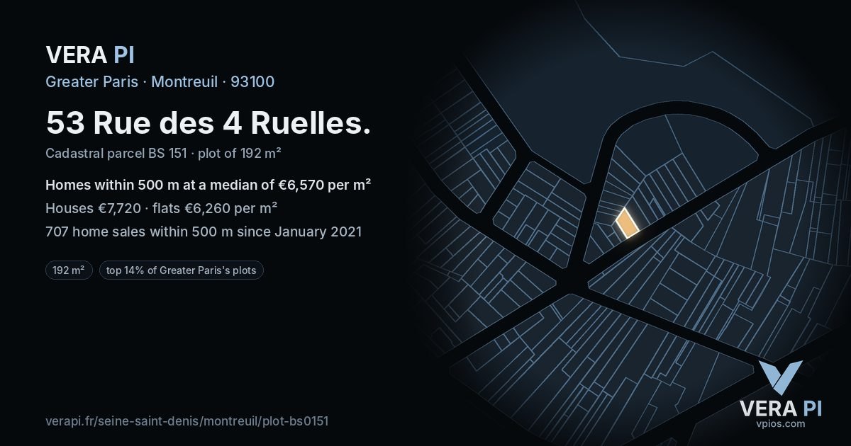 53 Rue des 4 Ruelles, Montreuil at night – the plot lit, the parcels around coloured by the prices near them