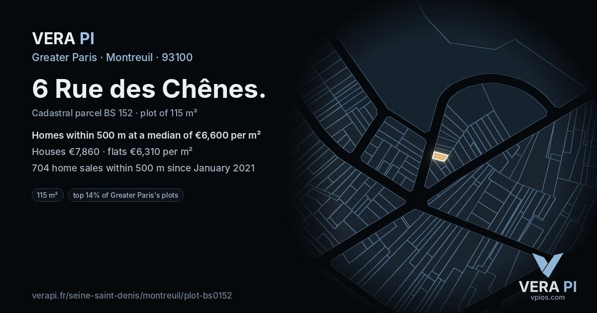 6 Rue des Chênes, Montreuil at night – the plot lit, the parcels around coloured by the prices near them