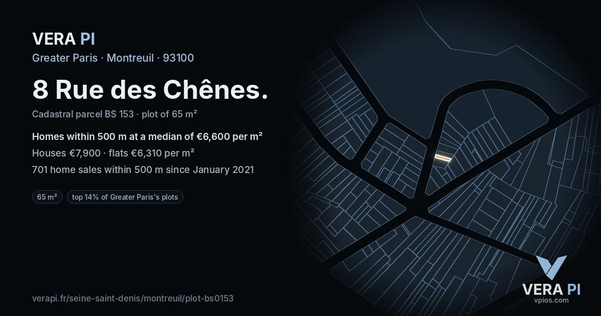 8 Rue des Chênes, Montreuil at night – the plot lit, the parcels around coloured by the prices near them