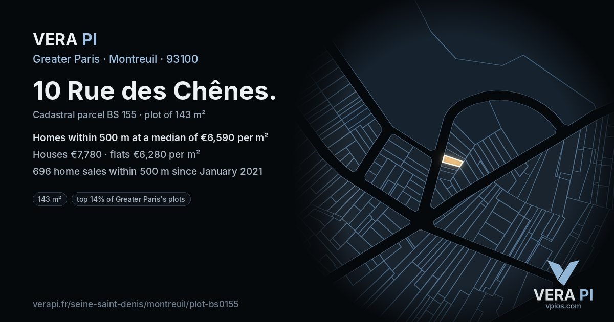 10 Rue des Chênes, Montreuil at night – the plot lit, the parcels around coloured by the prices near them