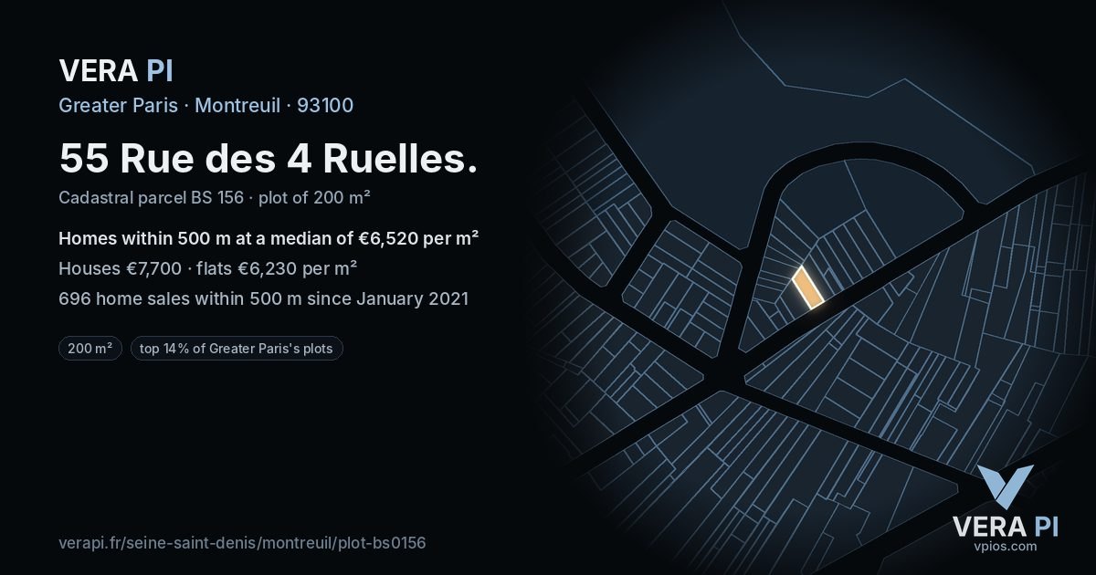 55 Rue des 4 Ruelles, Montreuil at night – the plot lit, the parcels around coloured by the prices near them