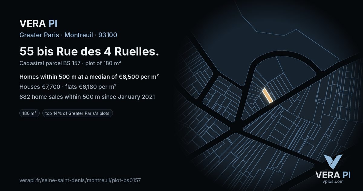 55 bis Rue des 4 Ruelles, Montreuil at night – the plot lit, the parcels around coloured by the prices near them