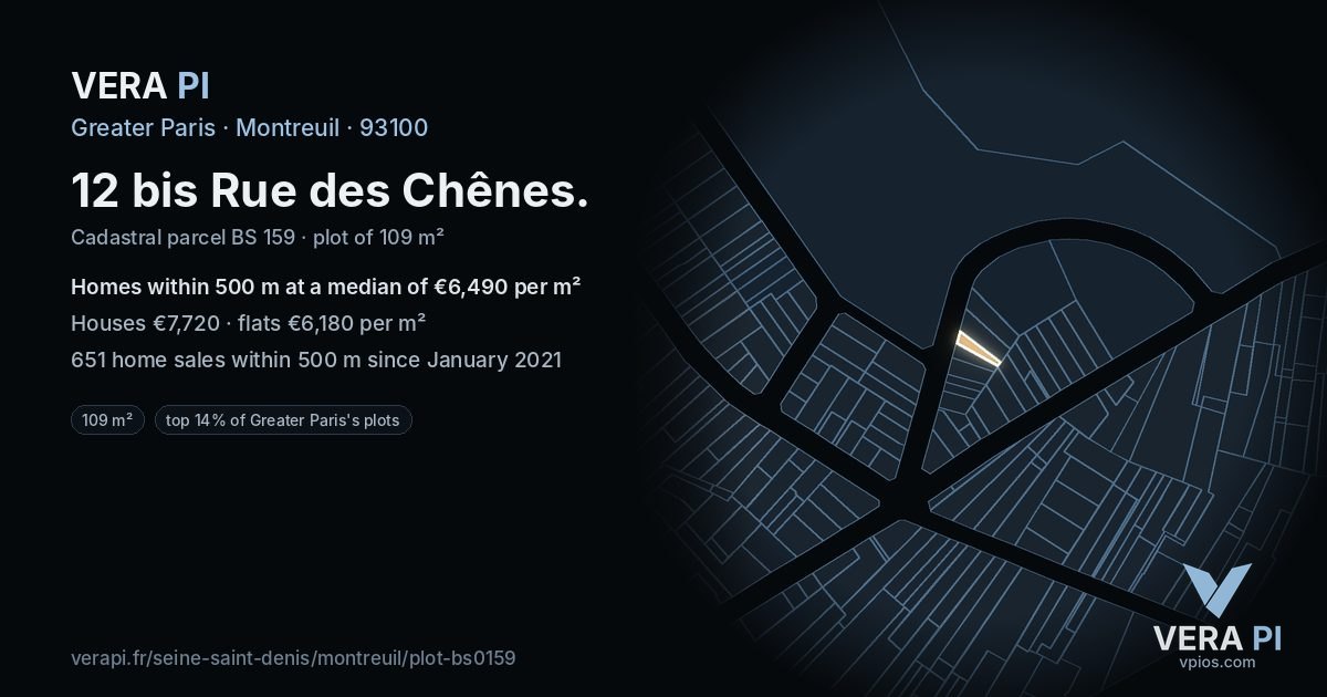 12 bis Rue des Chênes, Montreuil at night – the plot lit, the parcels around coloured by the prices near them