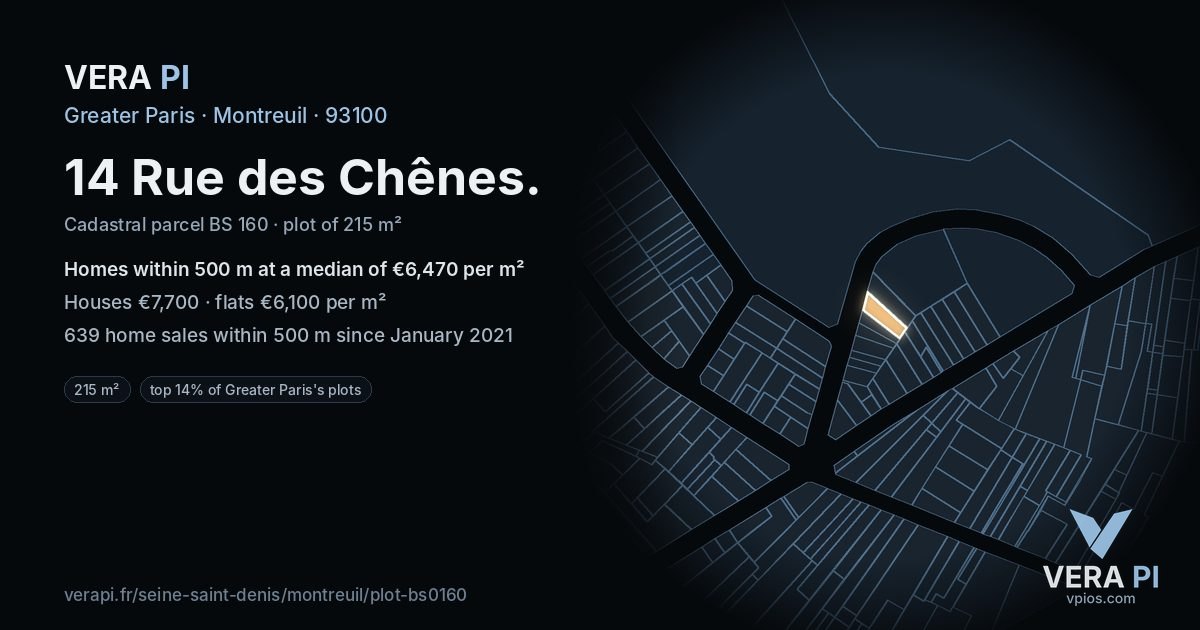 14 Rue des Chênes, Montreuil at night – the plot lit, the parcels around coloured by the prices near them