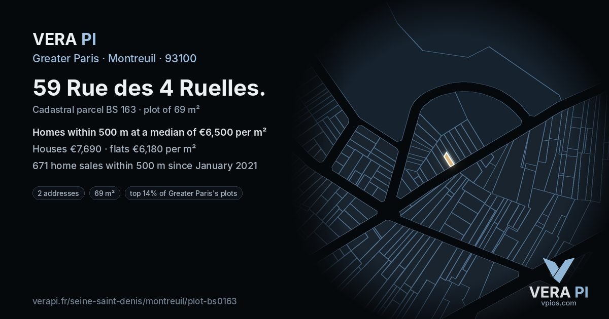 59 Rue des 4 Ruelles, Montreuil at night – the plot lit, the parcels around coloured by the prices near them