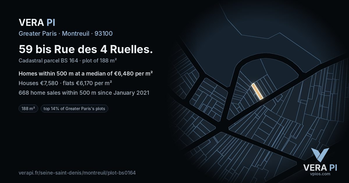 59 bis Rue des 4 Ruelles, Montreuil at night – the plot lit, the parcels around coloured by the prices near them