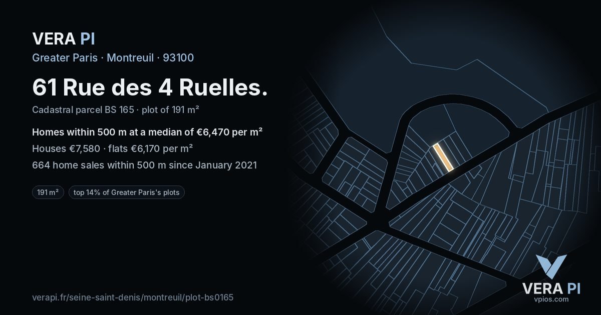 61 Rue des 4 Ruelles, Montreuil at night – the plot lit, the parcels around coloured by the prices near them