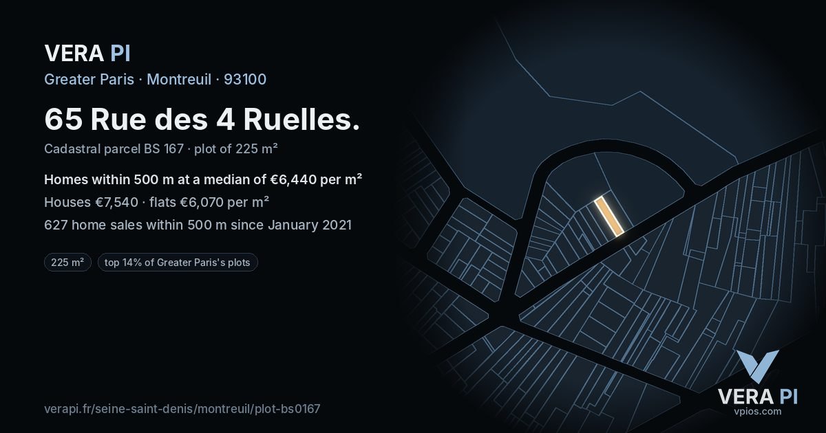 65 Rue des 4 Ruelles, Montreuil at night – the plot lit, the parcels around coloured by the prices near them