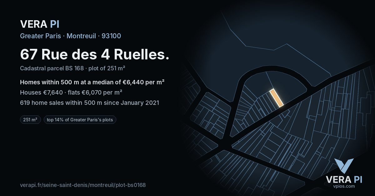 67 Rue des 4 Ruelles, Montreuil at night – the plot lit, the parcels around coloured by the prices near them