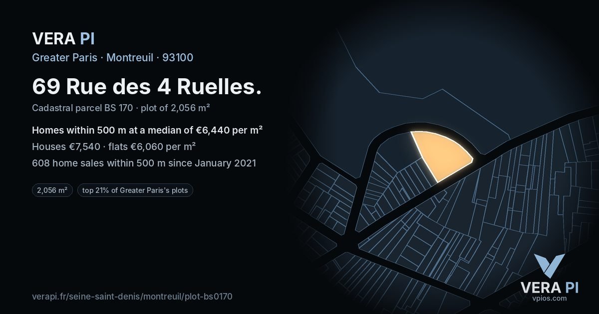 69 Rue des 4 Ruelles, Montreuil at night – the plot lit, the parcels around coloured by the prices near them