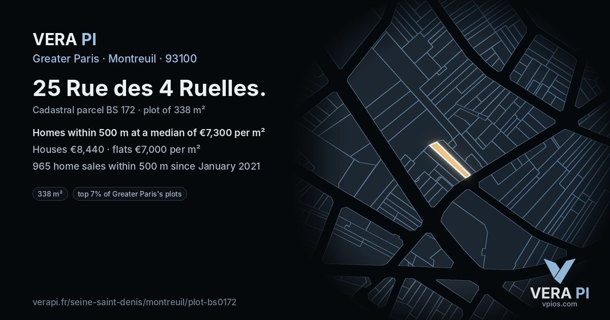 25 Rue des 4 Ruelles, Montreuil at night – the plot lit, the parcels around coloured by the prices near them