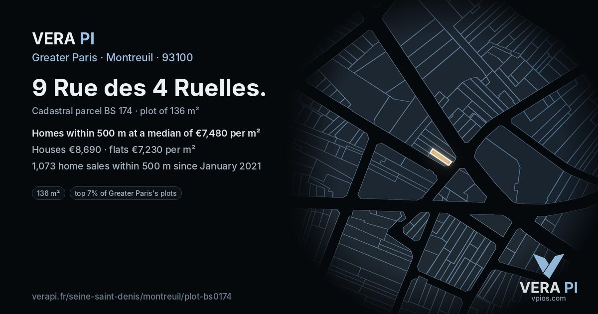 9 Rue des 4 Ruelles, Montreuil at night – the plot lit, the parcels around coloured by the prices near them