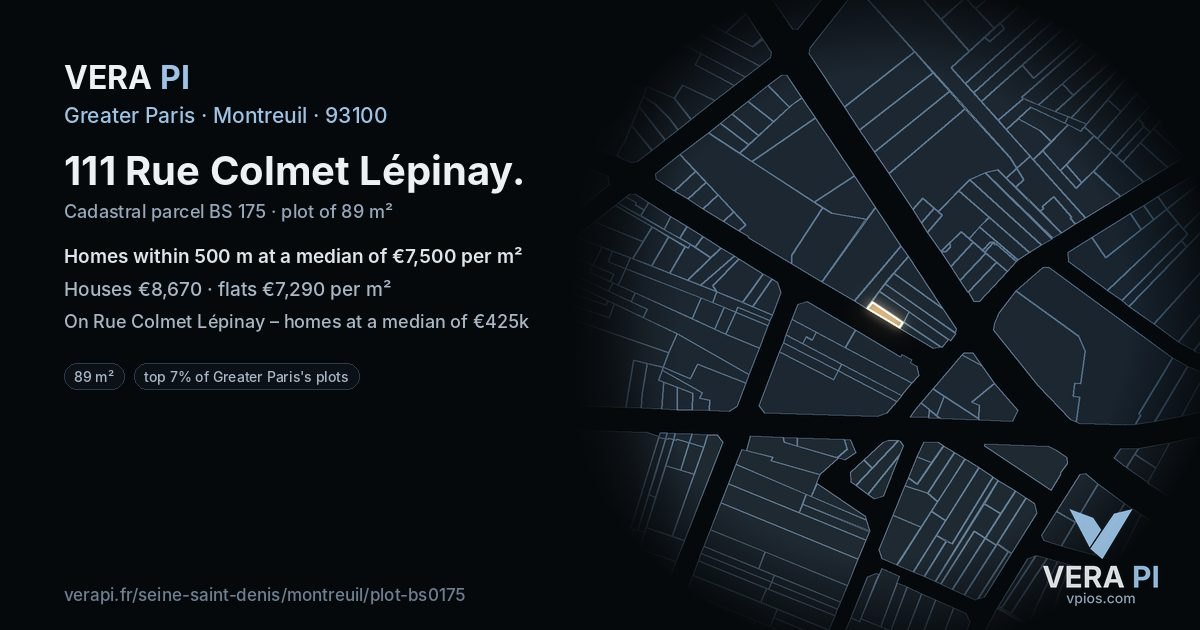111 Rue Colmet Lépinay, Montreuil at night – the plot lit, the parcels around coloured by the prices near them