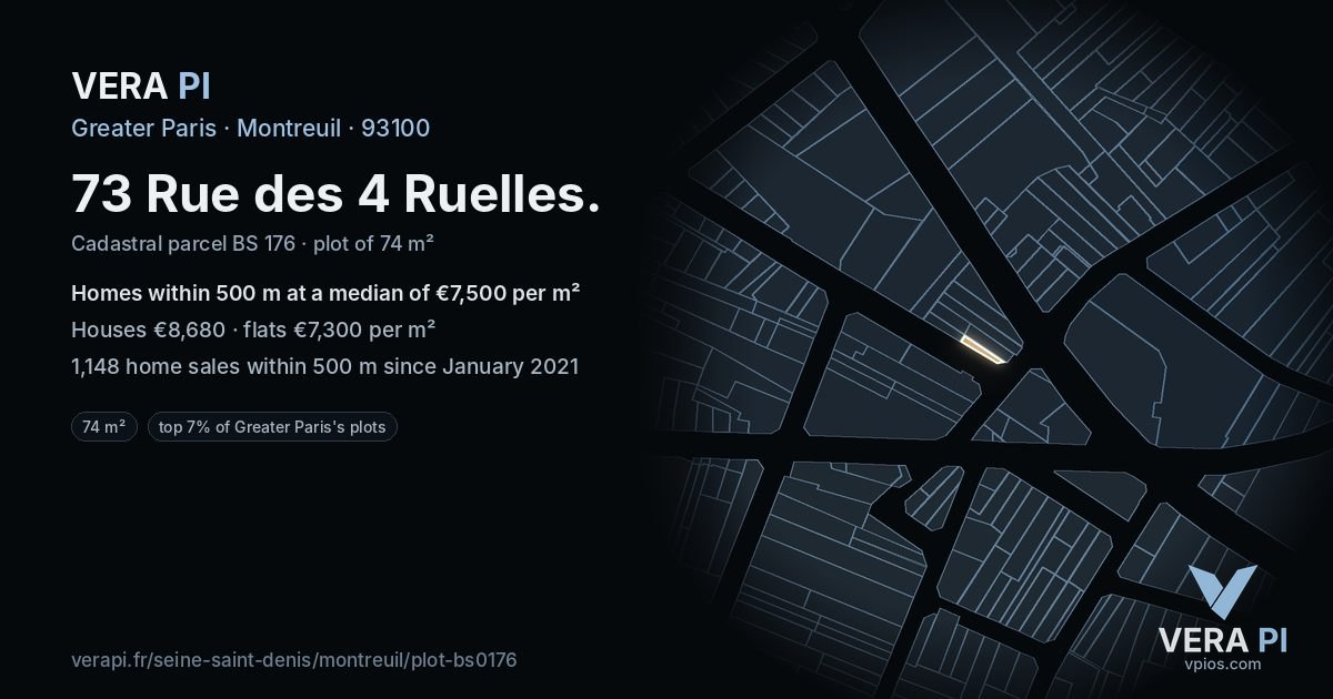 73 Rue des 4 Ruelles, Montreuil at night – the plot lit, the parcels around coloured by the prices near them