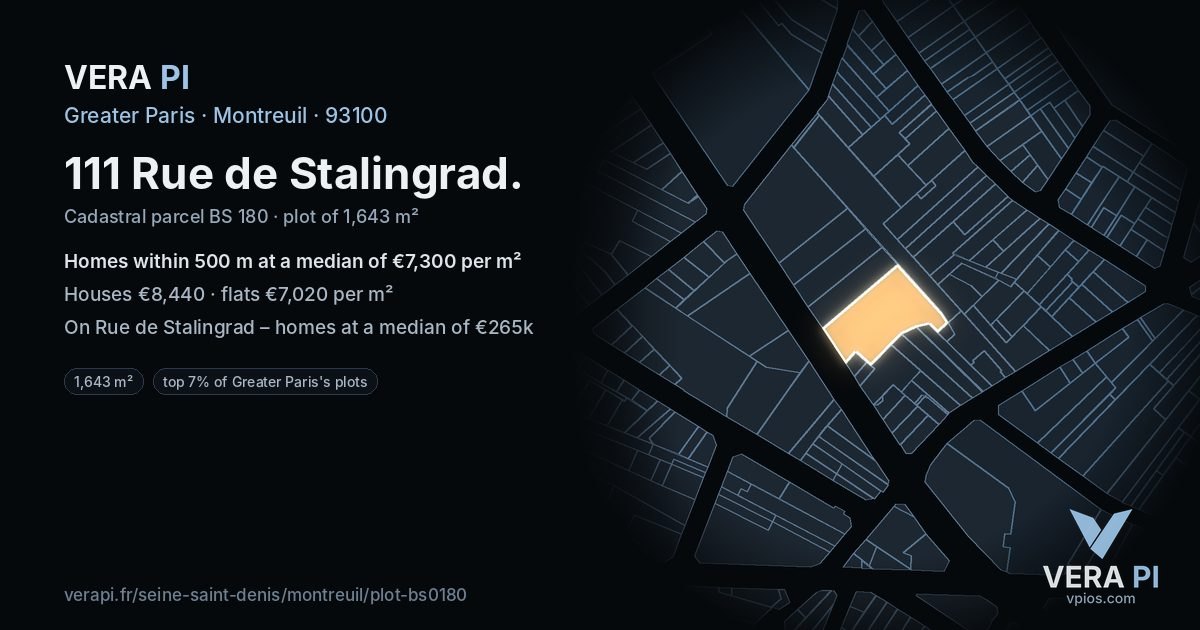 111 Rue de Stalingrad, Montreuil at night – the plot lit, the parcels around coloured by the prices near them