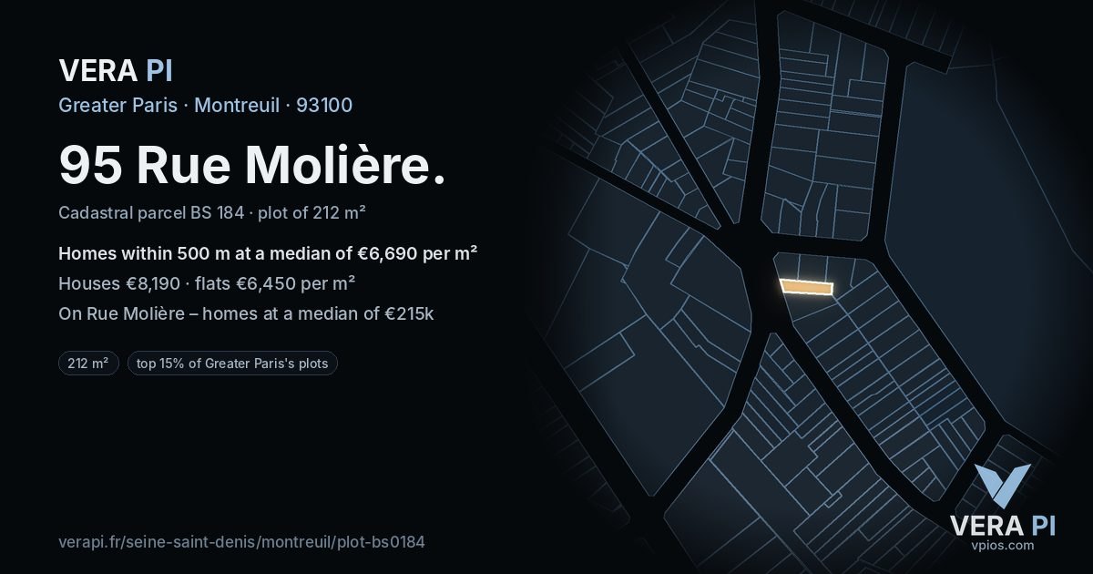 95 Rue Molière, Montreuil at night – the plot lit, the parcels around coloured by the prices near them