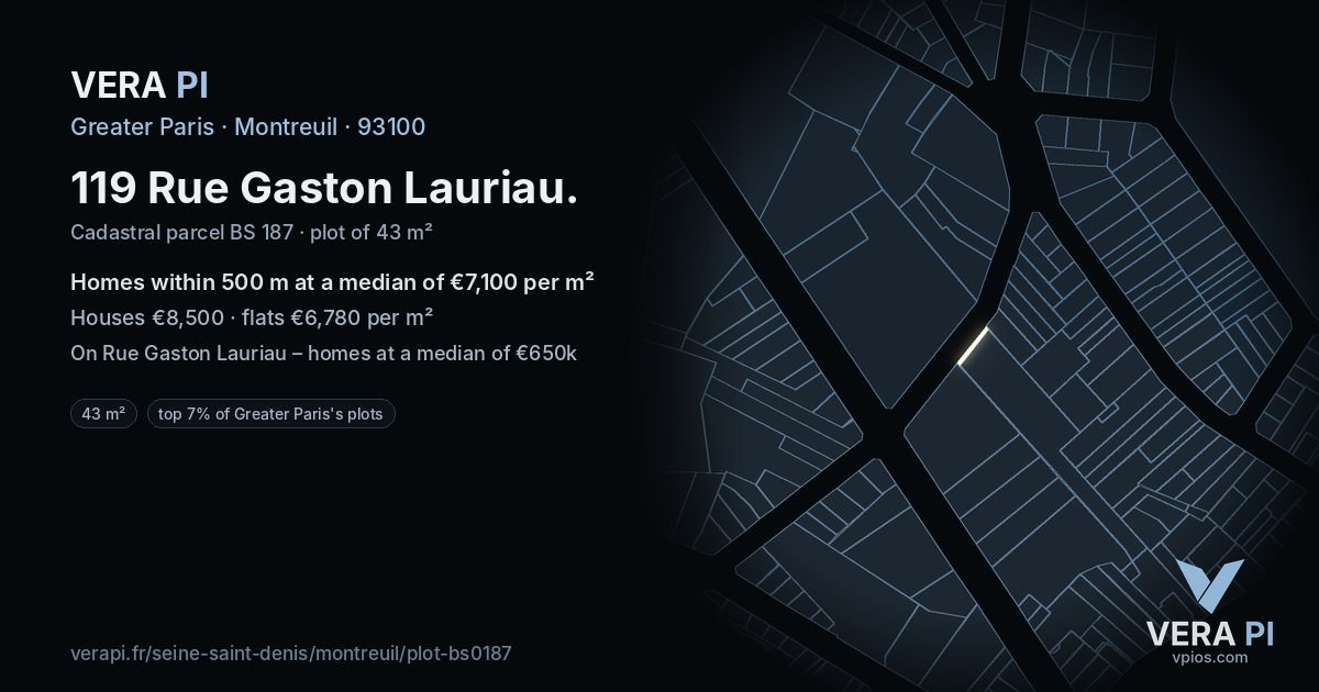 119 Rue Gaston Lauriau, Montreuil at night – the plot lit, the parcels around coloured by the prices near them