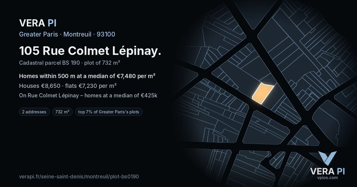 105 Rue Colmet Lépinay, Montreuil at night – the plot lit, the parcels around coloured by the prices near them