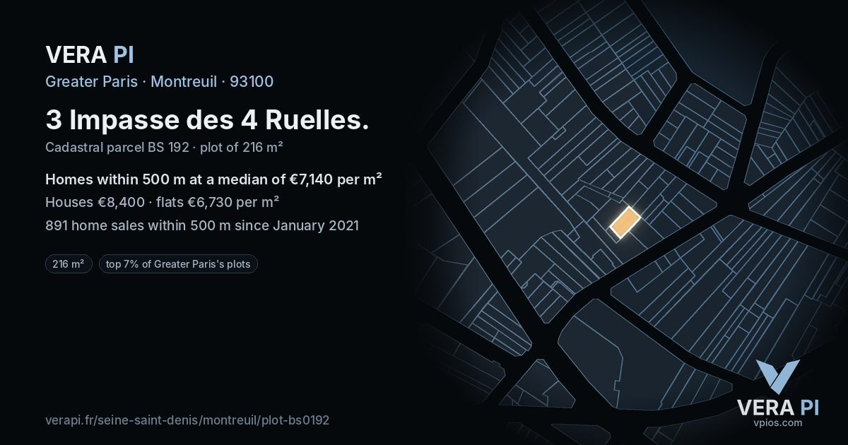 3 Impasse des 4 Ruelles, Montreuil at night – the plot lit, the parcels around coloured by the prices near them