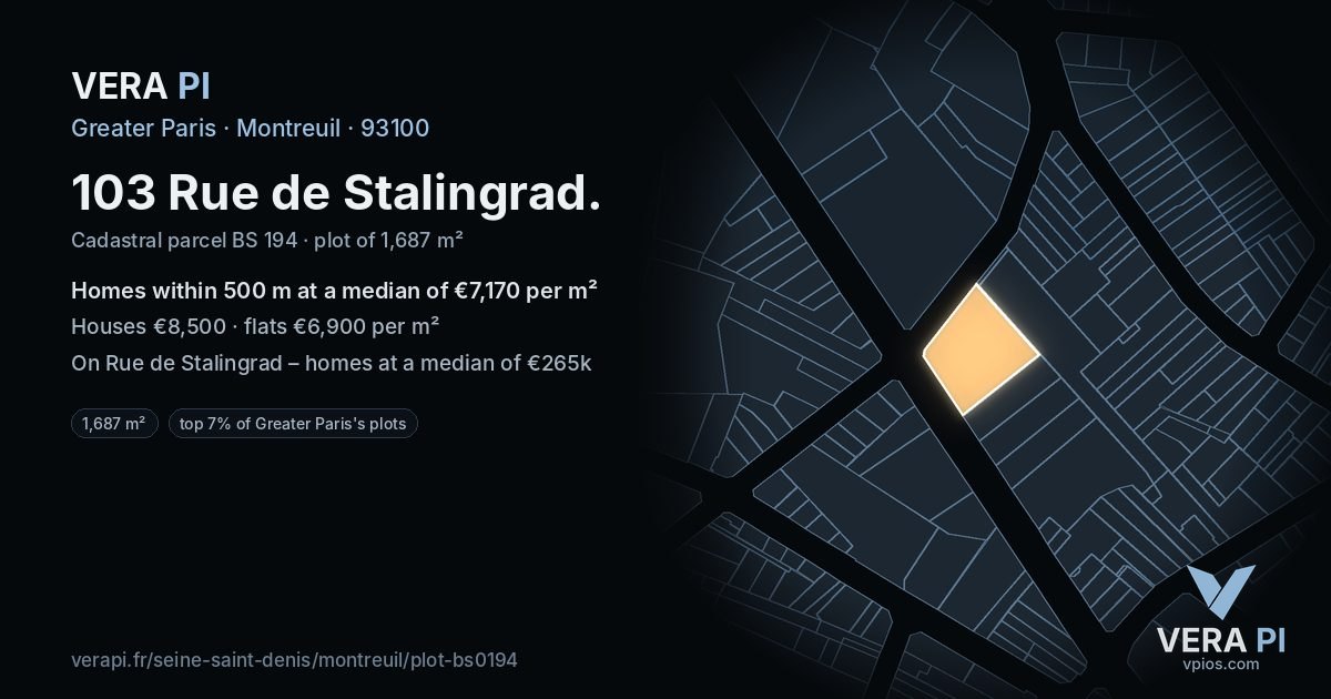 103 Rue de Stalingrad, Montreuil at night – the plot lit, the parcels around coloured by the prices near them