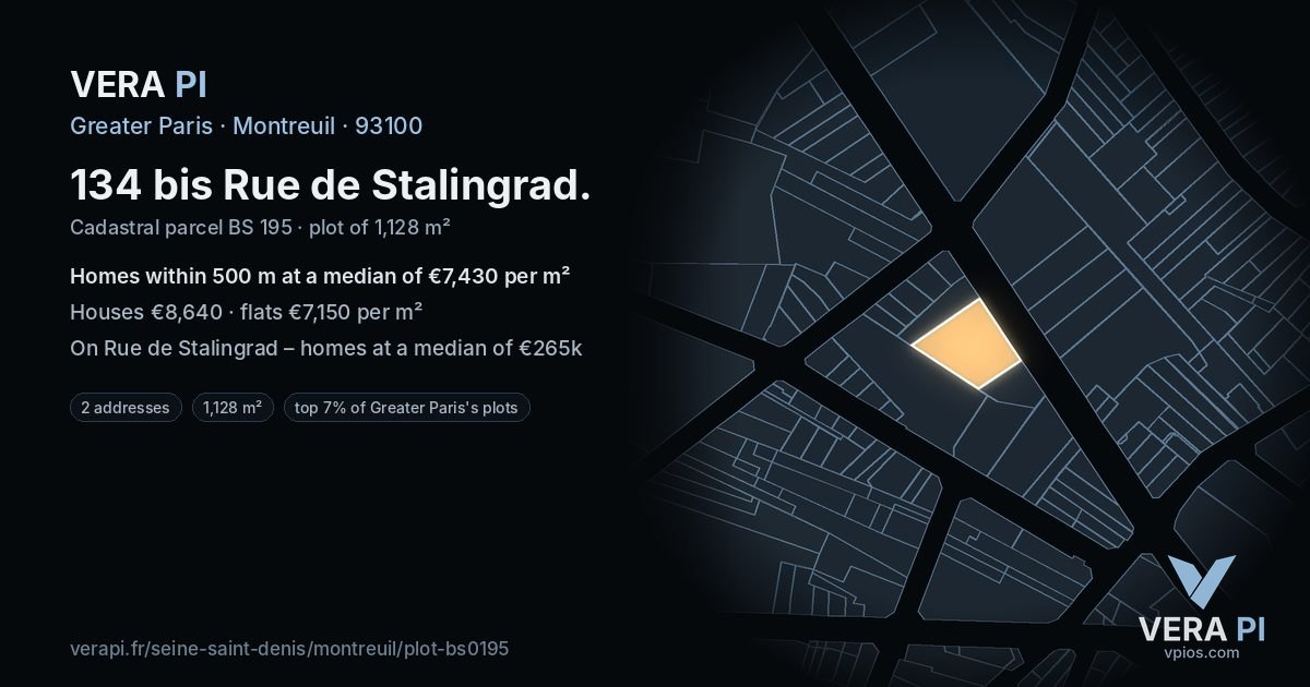 134 bis Rue de Stalingrad, Montreuil at night – the plot lit, the parcels around coloured by the prices near them