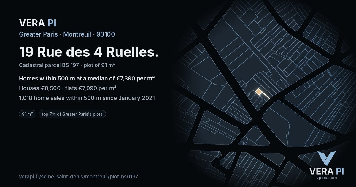 19 Rue des 4 Ruelles, Montreuil at night – the plot lit, the parcels around coloured by the prices near them