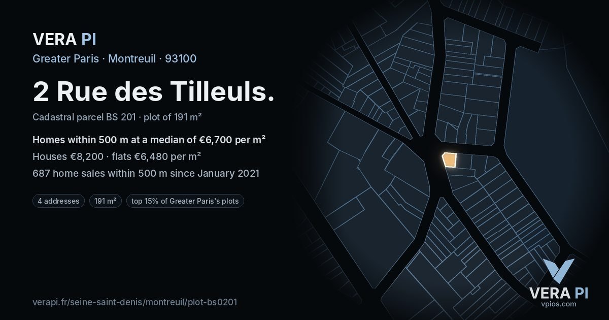 2 Rue des Tilleuls, Montreuil at night – the plot lit, the parcels around coloured by the prices near them