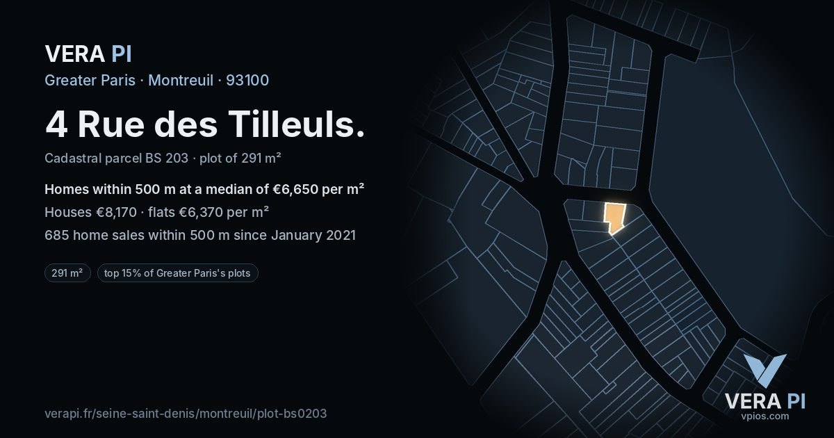4 Rue des Tilleuls, Montreuil at night – the plot lit, the parcels around coloured by the prices near them