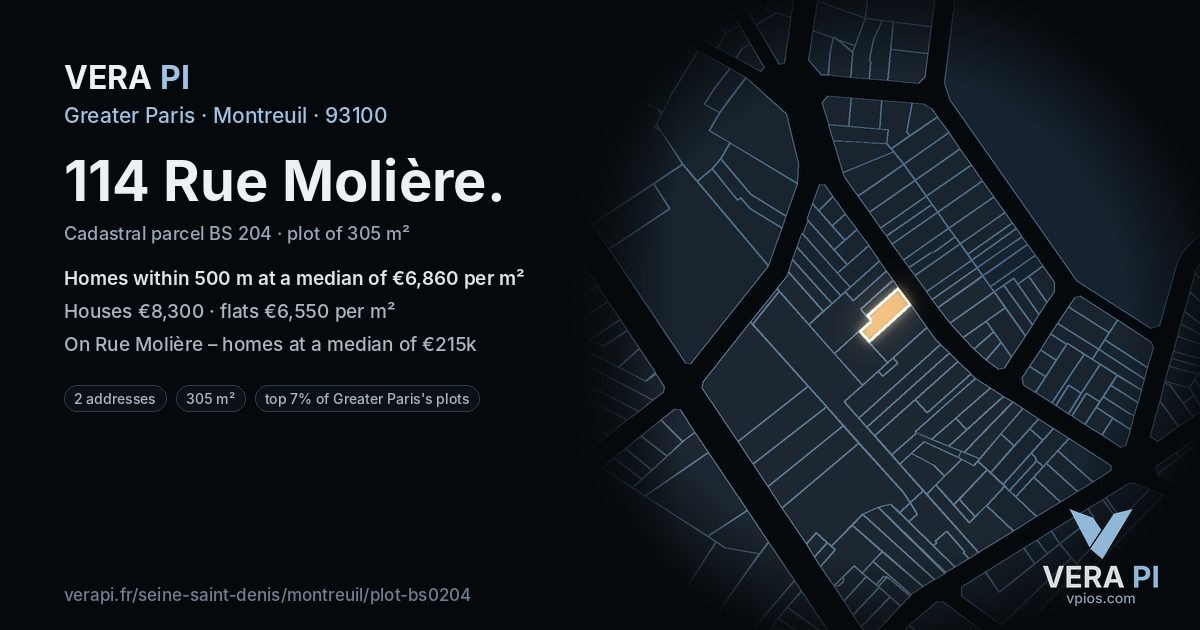 114 Rue Molière, Montreuil at night – the plot lit, the parcels around coloured by the prices near them