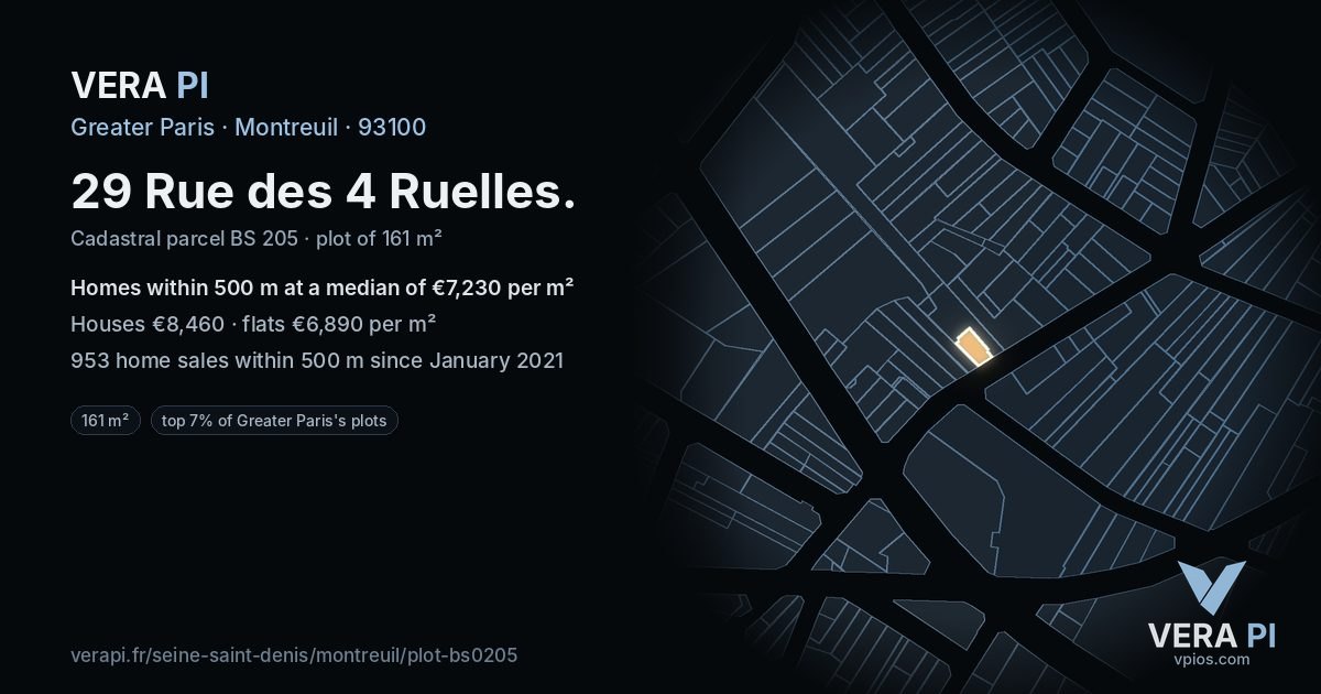 29 Rue des 4 Ruelles, Montreuil at night – the plot lit, the parcels around coloured by the prices near them