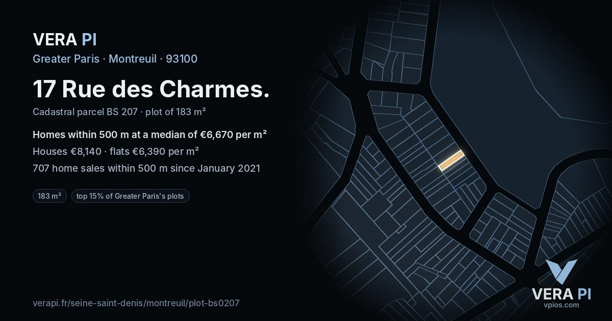 17 Rue des Charmes, Montreuil at night – the plot lit, the parcels around coloured by the prices near them