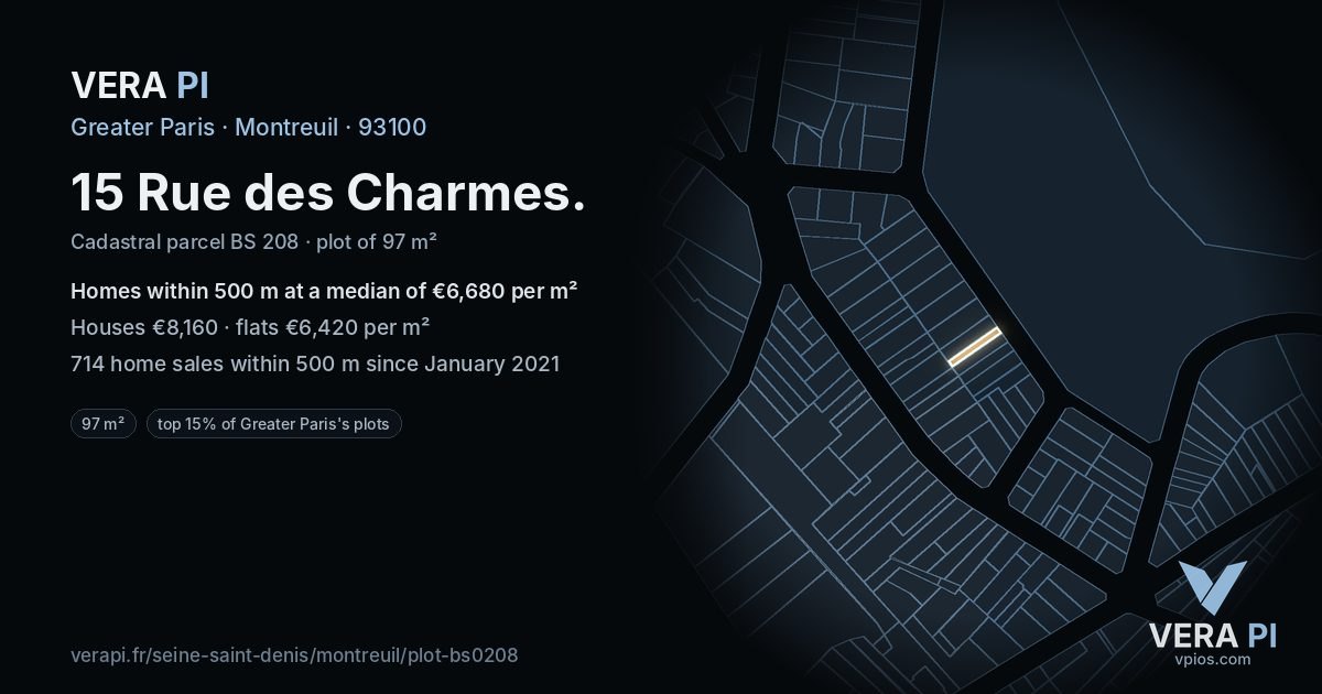 15 Rue des Charmes, Montreuil at night – the plot lit, the parcels around coloured by the prices near them