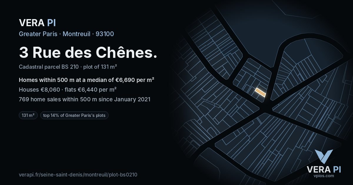 3 Rue des Chênes, Montreuil at night – the plot lit, the parcels around coloured by the prices near them