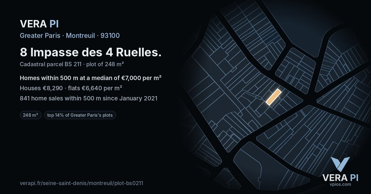 8 Impasse des 4 Ruelles, Montreuil at night – the plot lit, the parcels around coloured by the prices near them