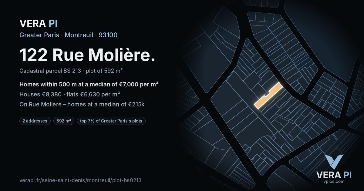 122 Rue Molière, Montreuil at night – the plot lit, the parcels around coloured by the prices near them