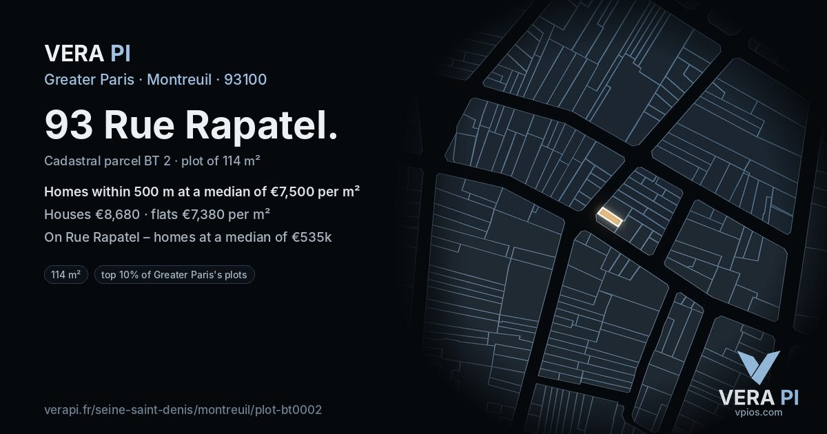 93 Rue Rapatel, Montreuil at night – the plot lit, the parcels around coloured by the prices near them