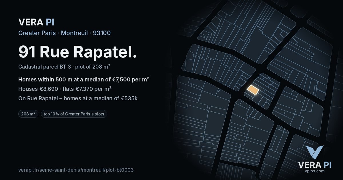 91 Rue Rapatel, Montreuil at night – the plot lit, the parcels around coloured by the prices near them