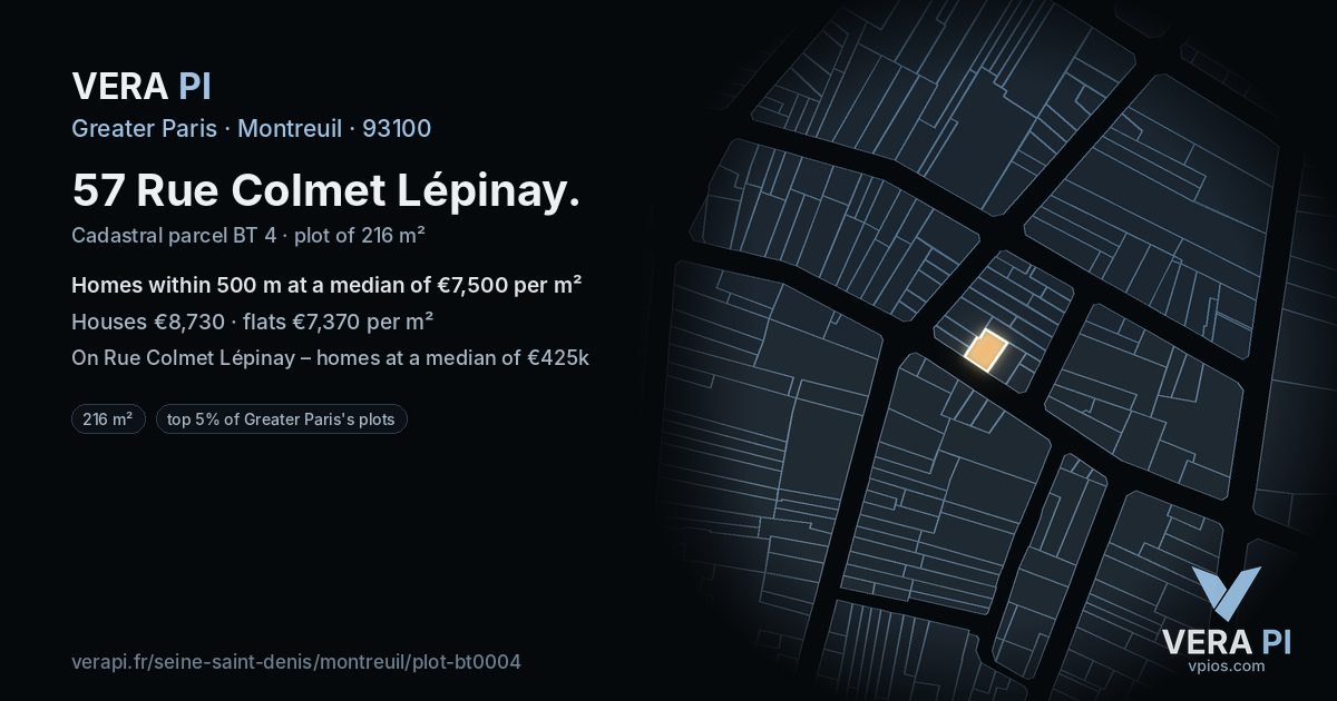 57 Rue Colmet Lépinay, Montreuil at night – the plot lit, the parcels around coloured by the prices near them