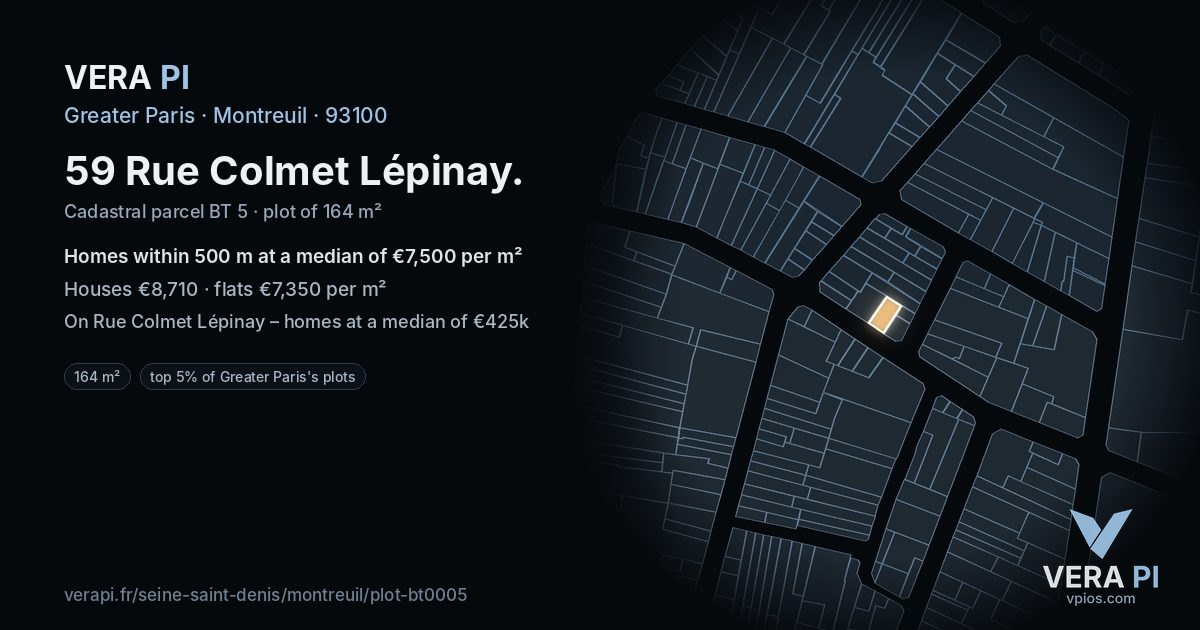 59 Rue Colmet Lépinay, Montreuil at night – the plot lit, the parcels around coloured by the prices near them